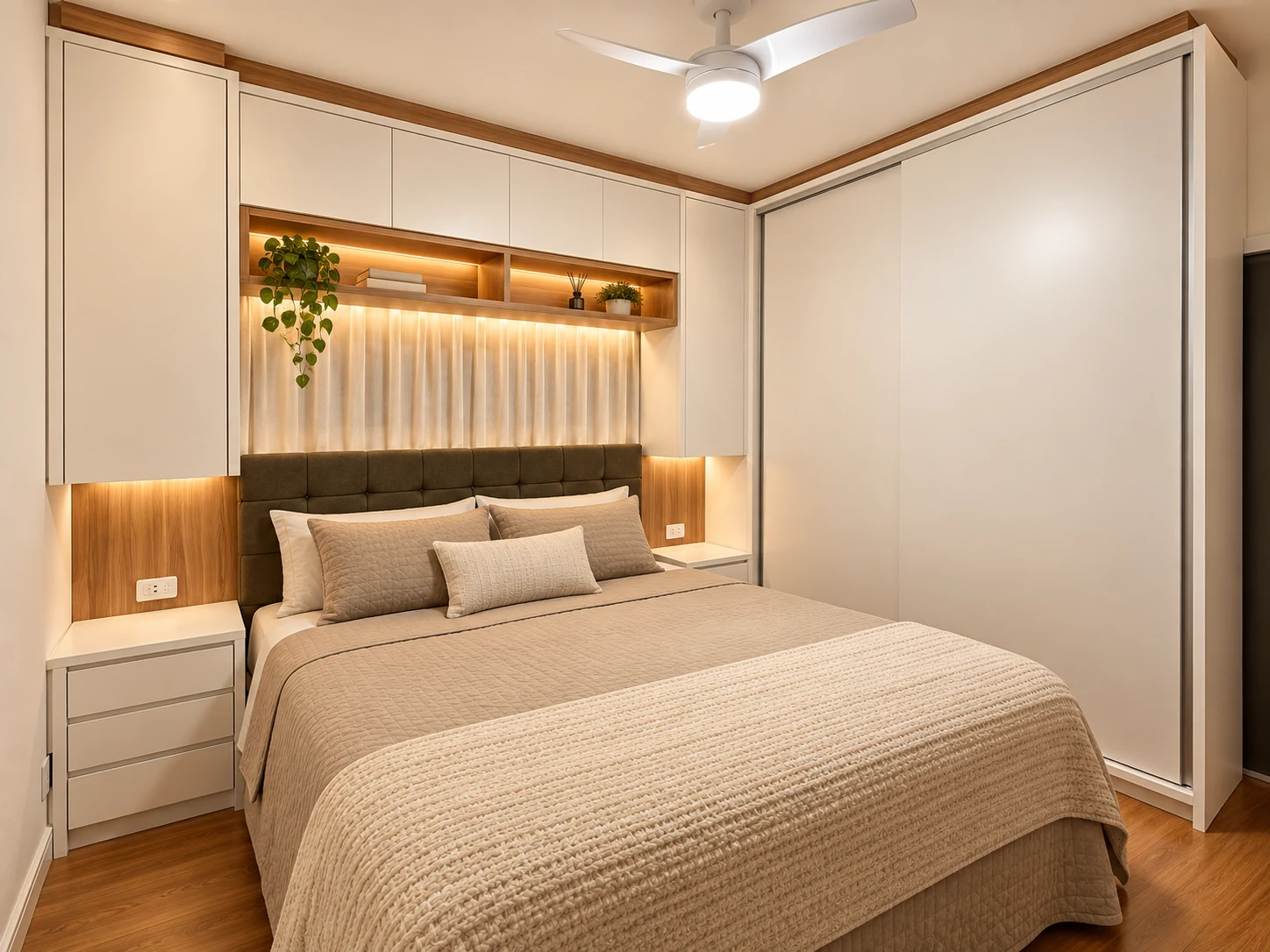Quarto planejado com cabeceira estofada e marcenaria clara