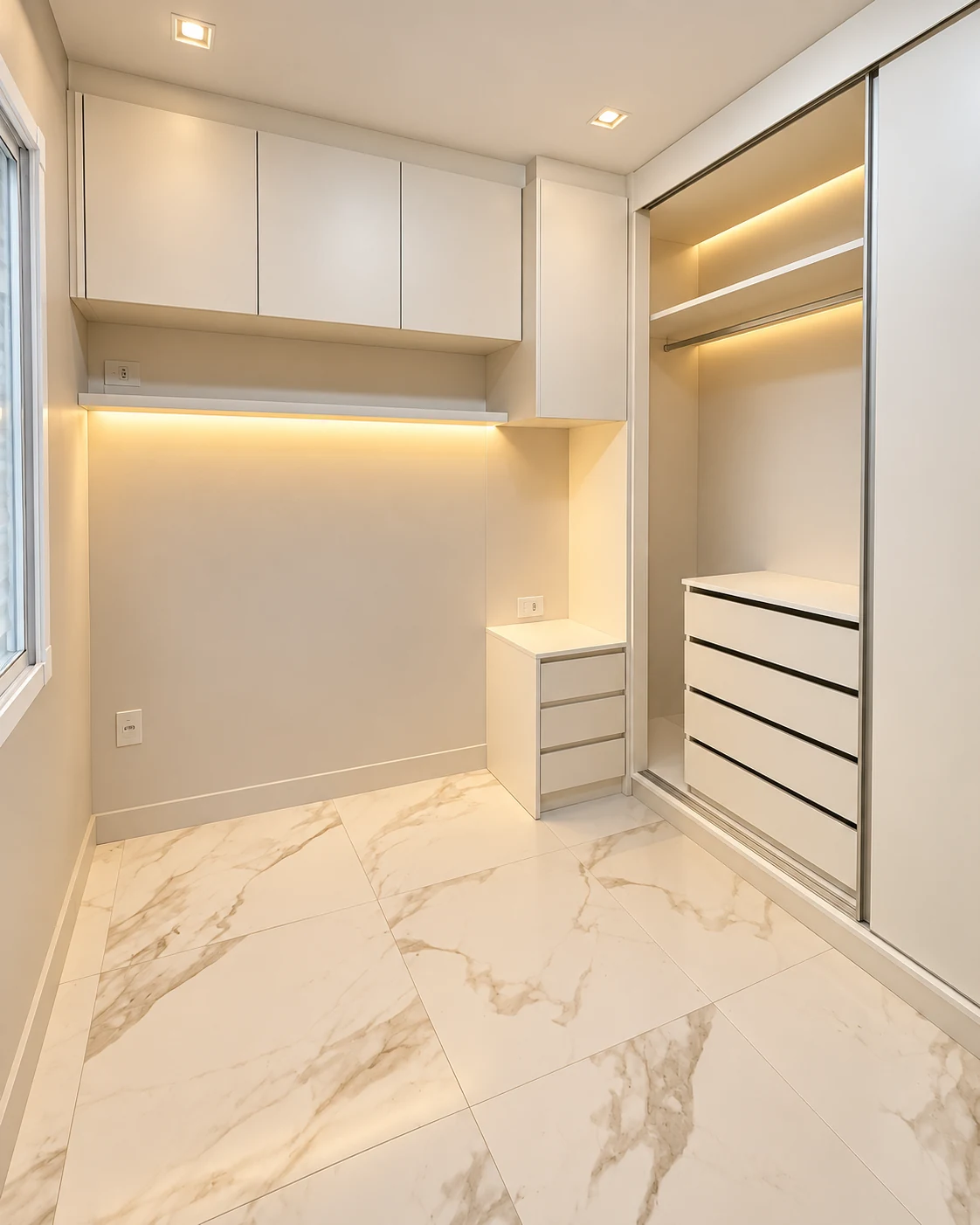 Closet planejado e claro com iluminação quente