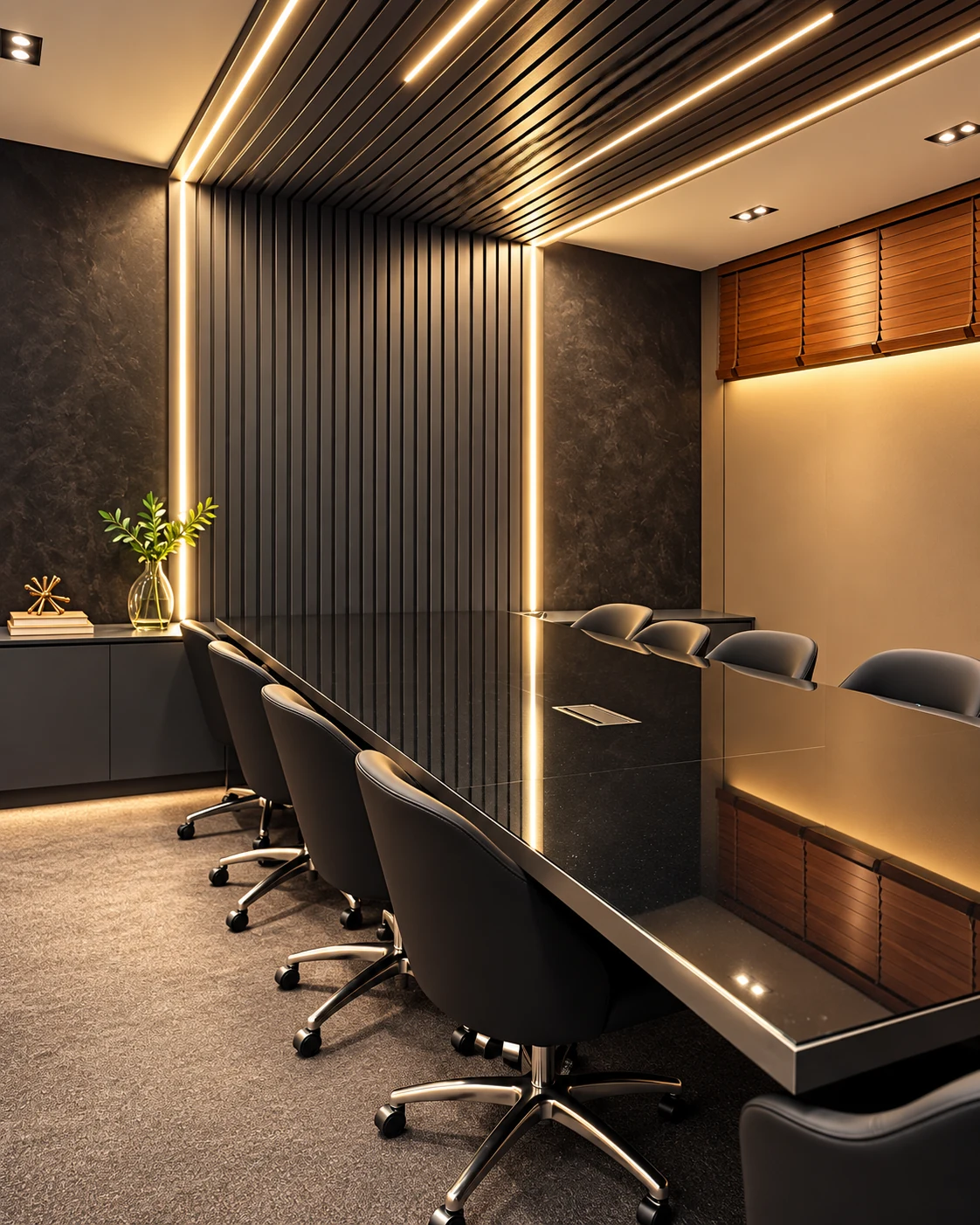 Sala de reunião moderna em preto e dourado